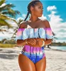 2019 New Arrive Off Shoulder Two Piece Bikini Set Printed Colour Crop Top & High Waist Bottoms Bikini