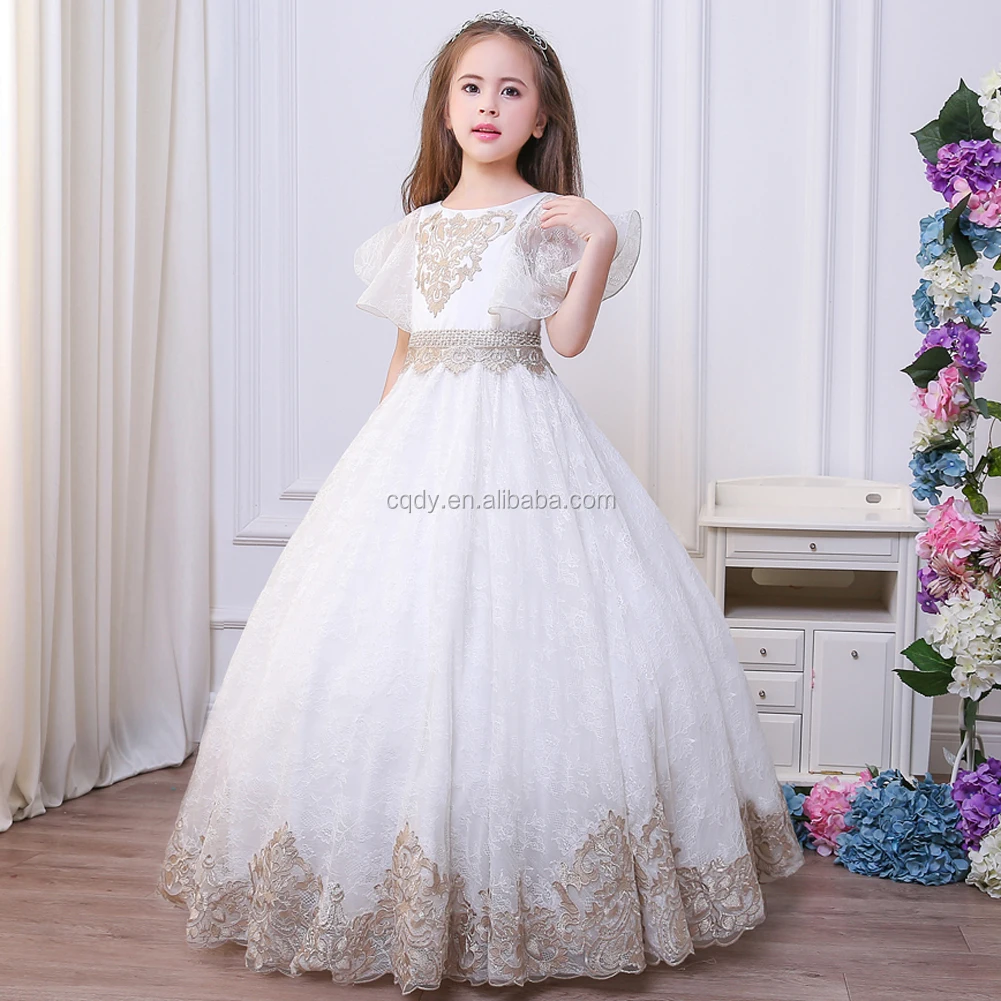 Fancy Gold Appliques Flower Girl Dress Formal Christmas Ball Gowns ...
