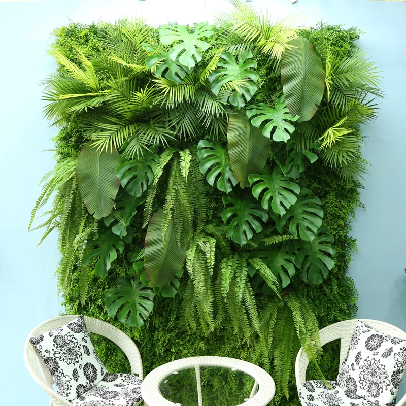 
China Factory Turtle Leaf Artificial Customized Boxwood Green Plant Wall Panel Fake Plant Wall with Small Flowers Hanging 