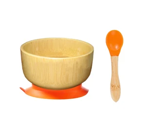 Image of Baby Bamboo Feeding Spill Proof Stay Put Suction Round Bowl + Baby Spoon