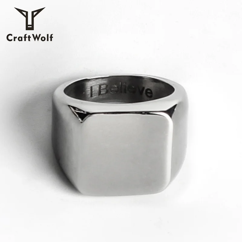 

Craft Wolf Fashion Unique Design Jewelry Square Planar Punk Style Ring For Men, Gold, black, steel