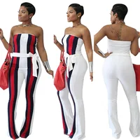 

Stock Factory Wholesale Off Shoulder Strip Jumpsuit With Belt Patchwork Fashion Romper Wide Leg Pants