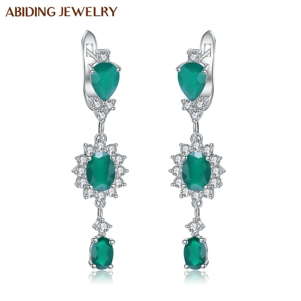 

Abiding New Design Green Agate Gemstone Flower Earrings Romantic Sterling Silver 925 Vintage Earrings Anniversary Women Jewelry