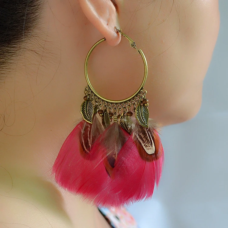 

Bohemian Earring Hoop Feather Leaves Tassel Stud Earrings, White black green colorful