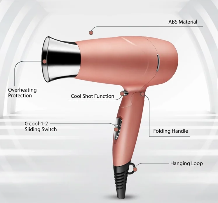 Folding Hair Dryer Dual Voltage Blow Dryer Dc Motor Lightweight