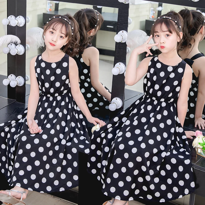 

cheap price summer sleeveless girls polka dots dress children kids black chiffon one-piece dress