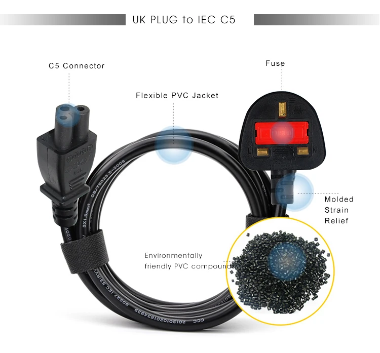 Iec C5 Power Connector Uk Power Cord H05vvf 3x0.75mm2 Bsi Ac Power