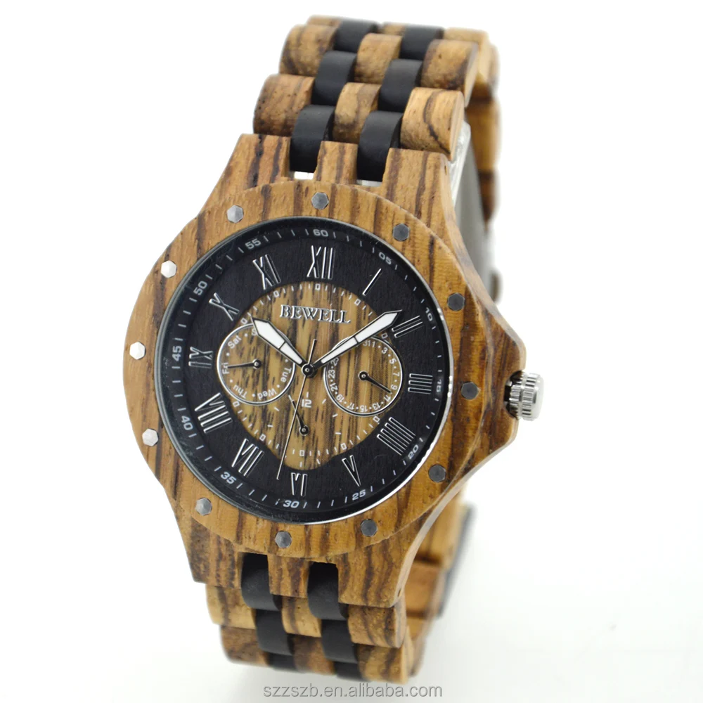 

Japan quartz chronograph custom logo bewell zebra wood watch