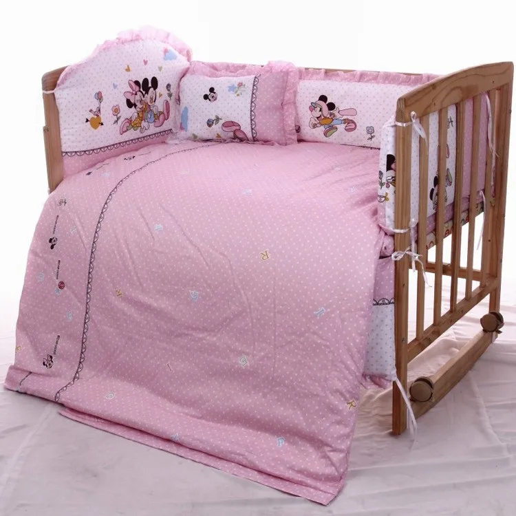 Promotion 7pcs Mickey Mouse baby bedding set 100 cotton cartoon crib bumper baby cot bedding sets