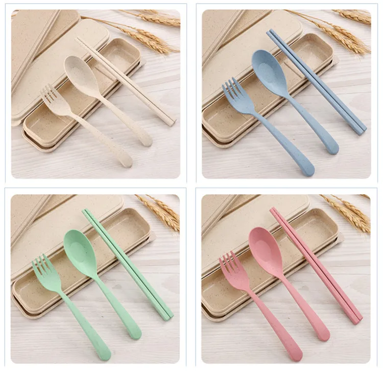 ECO Friendly Reusable Material Spoon Fork Chopsticks Wheat Straw Cutlery Set With Box Case