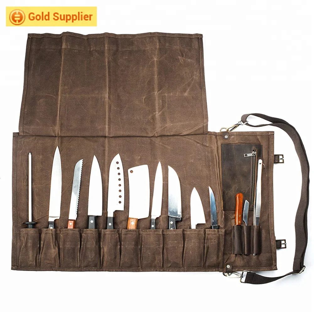 

Durable Waxed Canvas Knife Carrier Chef Knife Roll Bag, Brown khaki or customized