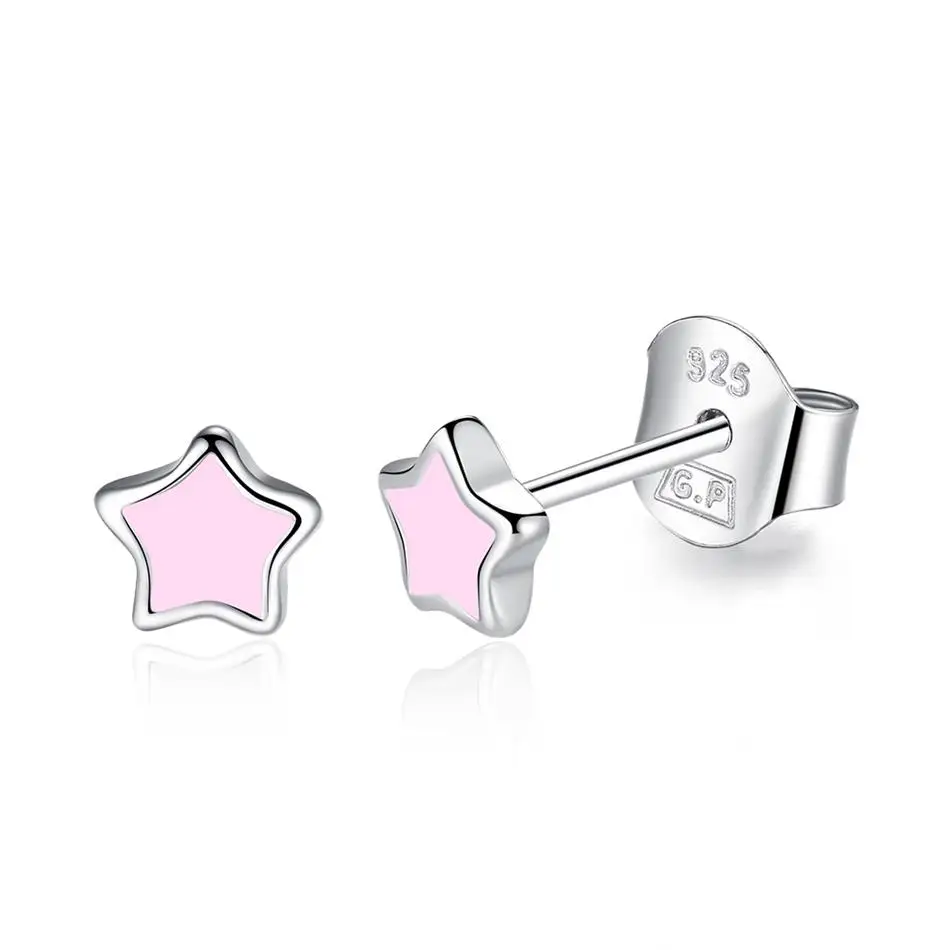 

Lovely 925 Sterling Silver Stud Earrings for Women Pink Enamel Star Shape Earrings Silver Jewelry for Kids Gift