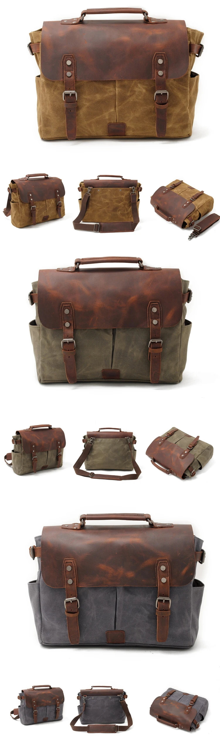 2018 Brand vintage waterproof waxed canvas business leather laptop briefcase satchel shoulder messenger bag