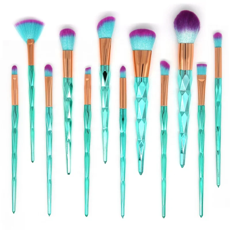 

12pcs Diamond Spiral Handle blue Multifunction Power Foundation Blusher Eyeshadow makeup brushes kits for girls cosmetic