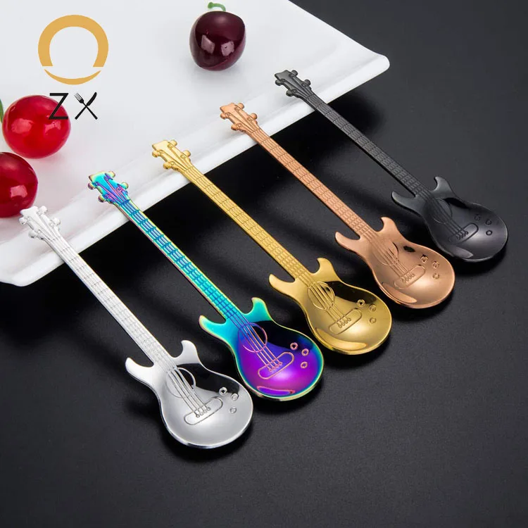 

Stainless Steel Metal Guitar Shaped Shaker Mixing Coffee Spoon For Music Bar, Silver;gold;rose gold;rainbow;blue;black;purple