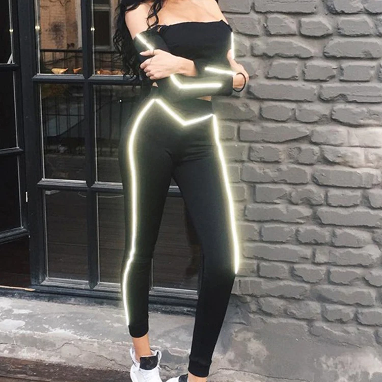 Wholesale Black Off Shoulder Reflection Stripe 2PC Elasticity Suitable Women Tracksuit In Sport