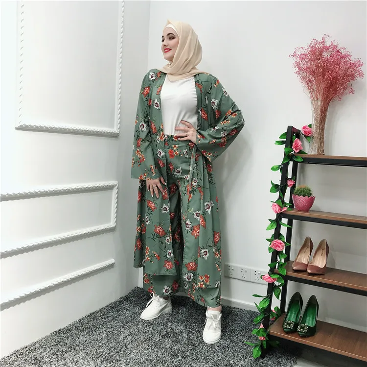 

Modern popular two-piece set muslim dress soft crepe fashion abaya, Green