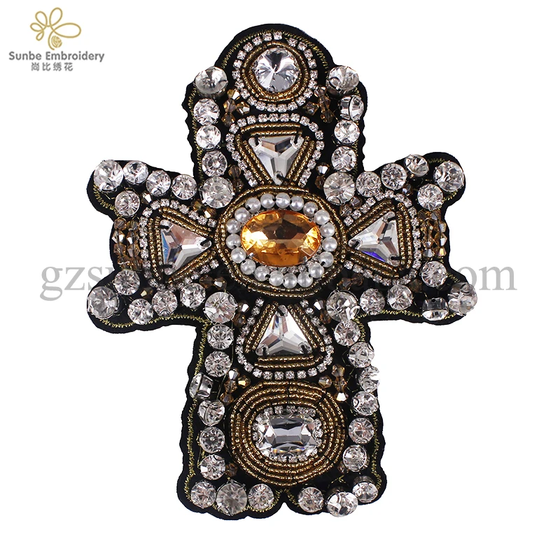 

Craft Beads Crystal Rhinestones Cross Design Patches Applique Sew on Patches Clothes Bags Decorated DIY Sewing can be customized, Black with clear crystal