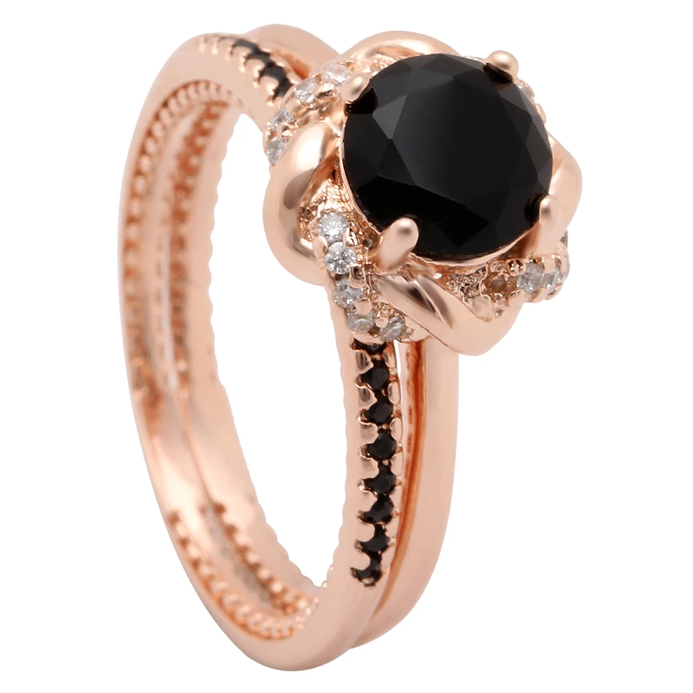 

Charm fashion flower design silver jewelry black diamond rose gold engagement ring set