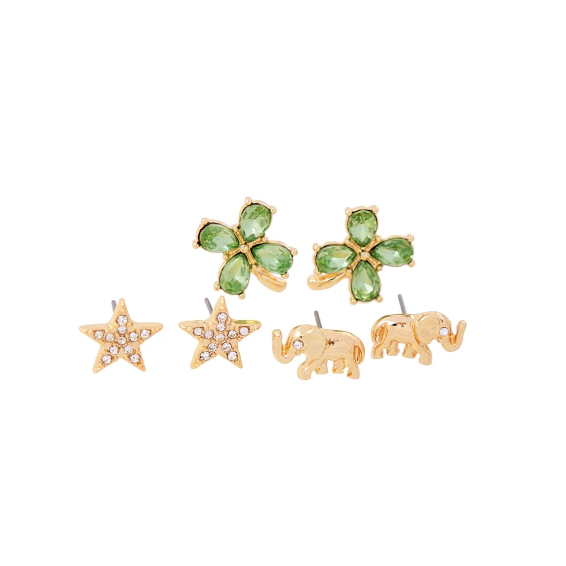 

ed00551c Fashion Online Golden Small Elephant Earring Green Glass Star Earrings Studs Set Jewelry