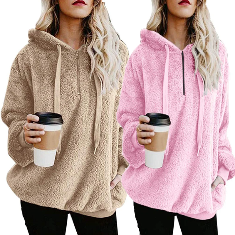 

2019 fashion Warm fleece fur hoodie for women casual solid wear wholesale long sleeve pullover ladies fashion winter clothing, Wine red , coral pink , mint , white