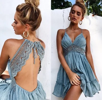 

Women Summer Fashion Deep V Neck Lace Crochet Backless Dress Swing Party Dresses, As show