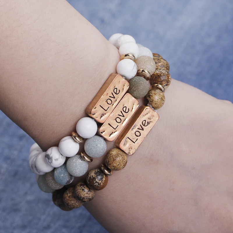 New arrival high quality inspirational engraved love beaded bracelet 8mm natural stone stretch bracelets