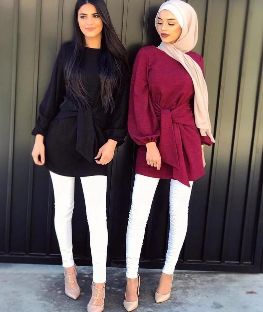 

New arrival high quality fashion design wine red muslim ladies blouse tops for women