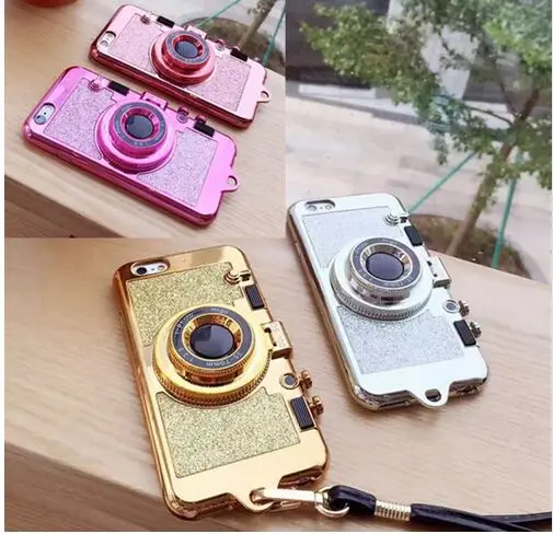 

2017 Korea 3D Retro Camera Phone Case for Iphone 6 6s 6Plus 7 7 plus glitter soft tpu Case with Lanyard Back Cover Fundas