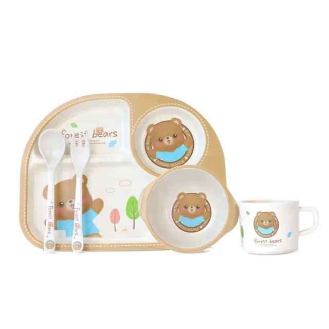 

BPA Free Custom Print Bamboo Fiber Baby Tableware Kids Feeding Meal Dish Set A006