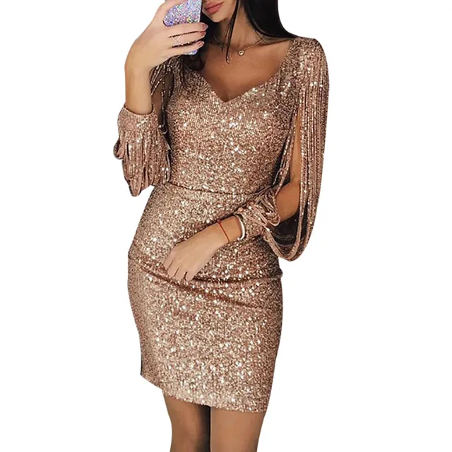 

Ecowalson sexy v neck bodycon dresses Summer 2019 Tassel lantern sleeve sequin dress Women fashion elegant party dress, 8 colors for choice