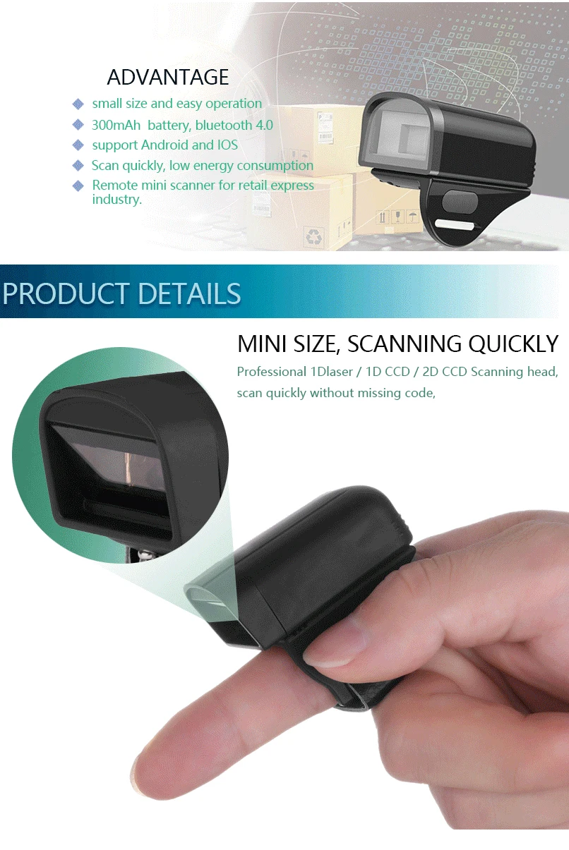 Mini 32Bit Wireless BT Finger Barcode Scanner IOS Android Ring Barcode Scanner