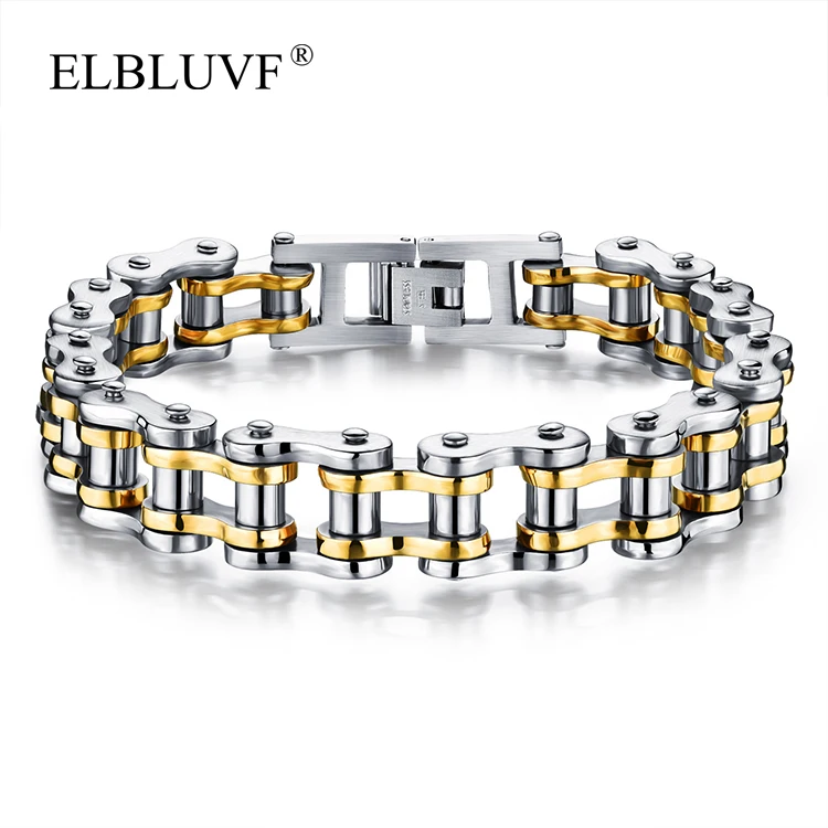 

ELBLUVF Free Shipping Stainless Steel Fashion Jewelry Locomotive Chain Shape Bracelet For Men, Gold , black