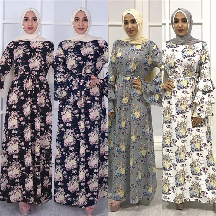 

In Stock Printing Muslim Dresses Long Sleeves with Pagoda Sleeve, Black;grey.navy;white