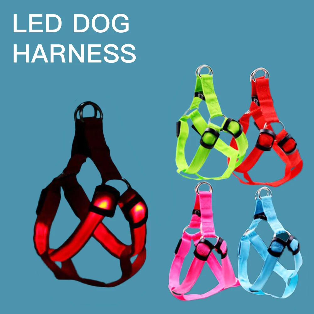 

Manufacturer wholesale nylon adjustable rechargeable custom logo outdoor led pet dog harness, Red,orange,yellow,green,pink,blue,white