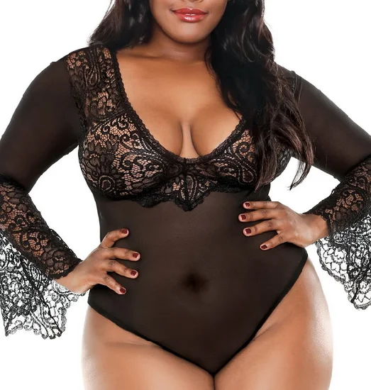 

Black Bell Sleeve Lace Mesh Plus Size Teddy, N/a