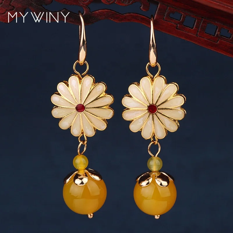 

GOLD NEW MYWINY Copper jewelry 3 colors Daizy flowers vintage earrings women, enamel cloisonne earrings agate enamel jewelry