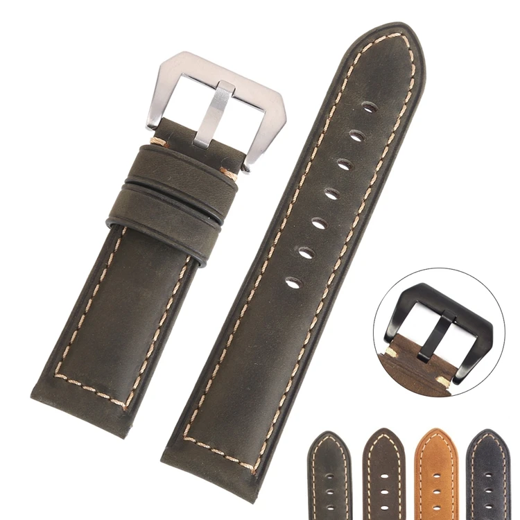 

EACHE Crazy Horse Leather Wrist Band 22mm 24mm Genuine Leather Watch Band Strap Silver Black Buckle, As pictures