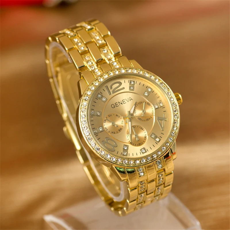 

Luxury Geneva Brand Women Gold Stainless Steel Quartz Watch Military Crystal Casual Wrist Watches Relogio Feminino