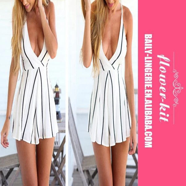 

Top Quality Sexy Deep V-Neck Backless Stripe Playsuit Summer Women Mini Dress, As shown