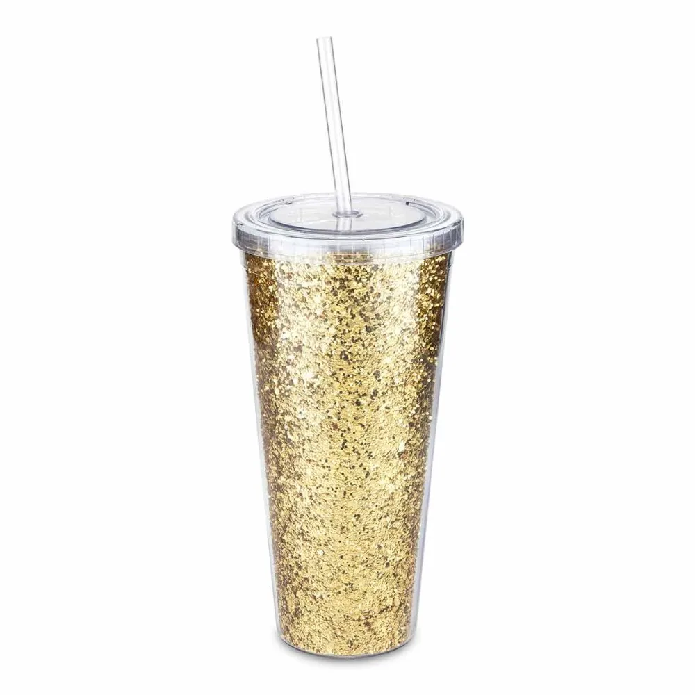 20oz Amazon hot selling Glittering Plastic Double Wall insulated tumbler with lid and straw cups