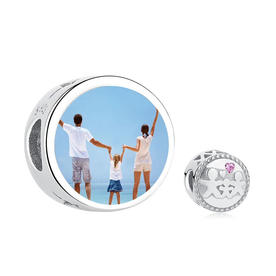 

Custom 925 Sterling Silver Photo Family Charms With Clear Radiant CZ Bead Charms Fit Bracelet Jewelry Making Accessories