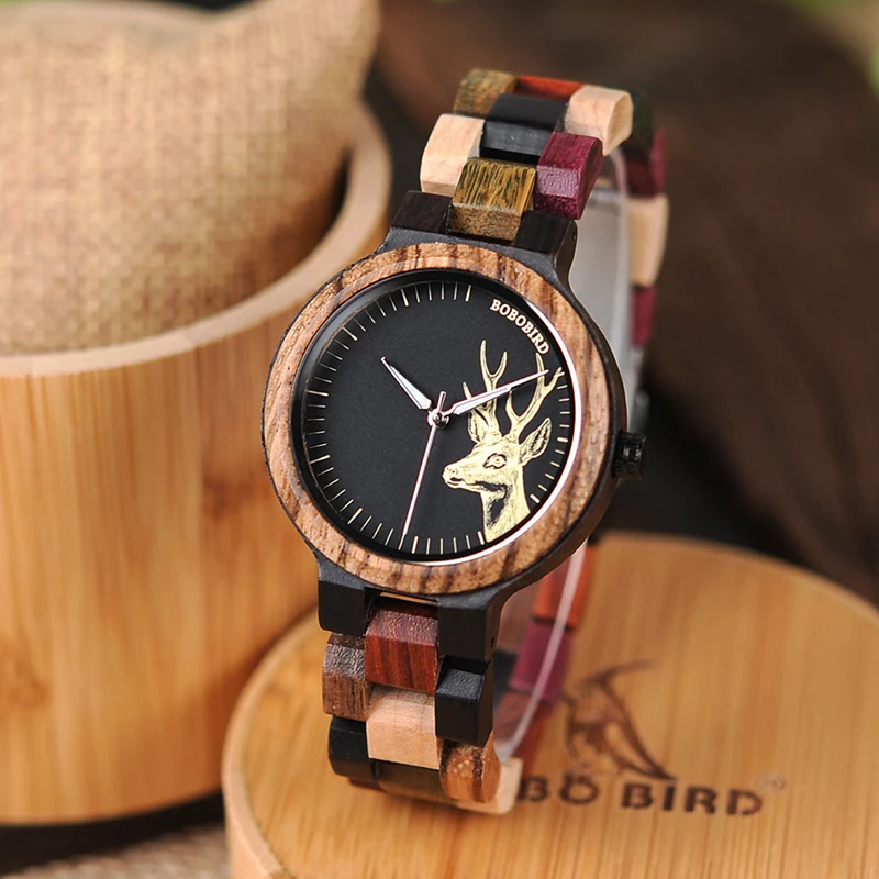 

BOBO BIRD China manufacturer trendy multicoloured women wooden wrist watch with elk head printing, Picture
