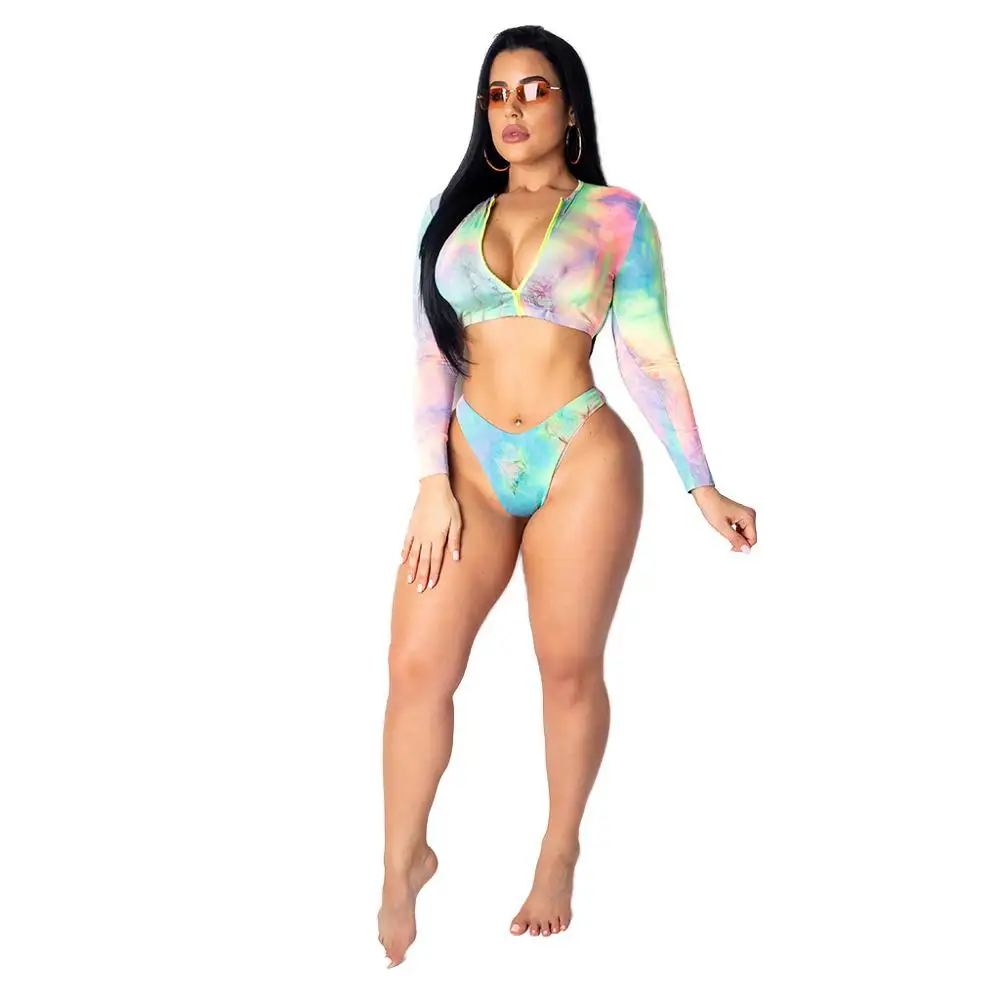 

Sexy printing floral two piece lady long sleeves colorful good elasticity women bikini swimsuit 3677, N/a