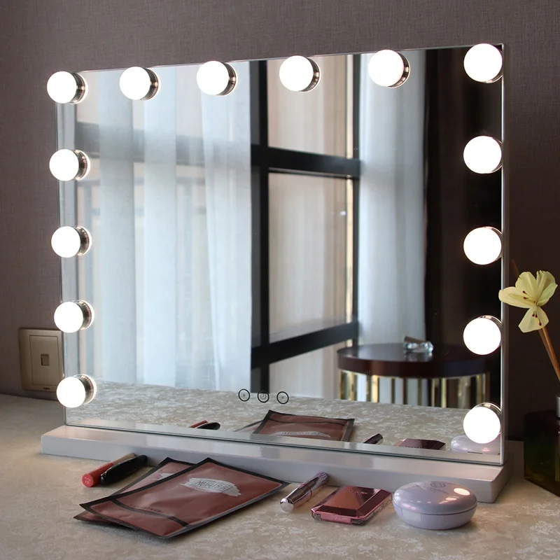 

Makeup Mirror with Touch Screen Dimmable LED Bulbs Different Lights Rotary Tabletop Cosmetic Mirror, Customized color
