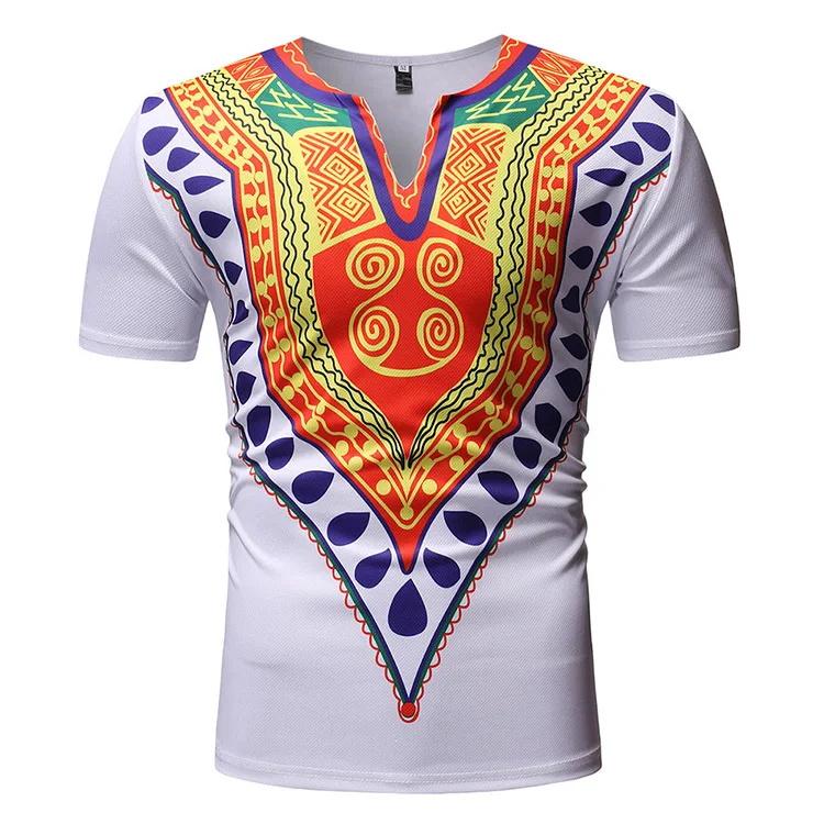 

Low MOQ African Print White V Collar Short Sleeve Male Top Tribal Tee