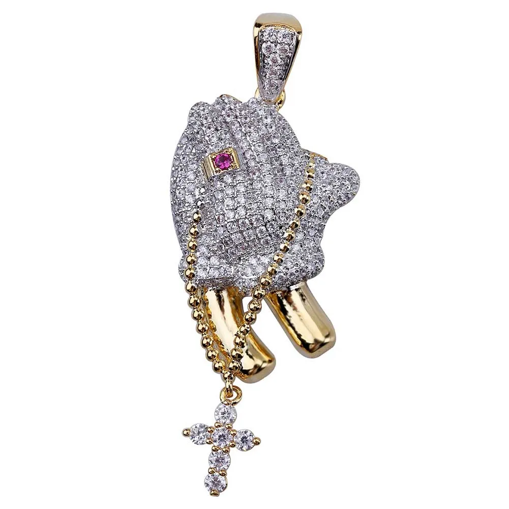 

Unique Hip Hop AAA Zircon Tassel Prayering Hand with cross Jesus design classical honor men women Religious iced out pendant, Gold&silver