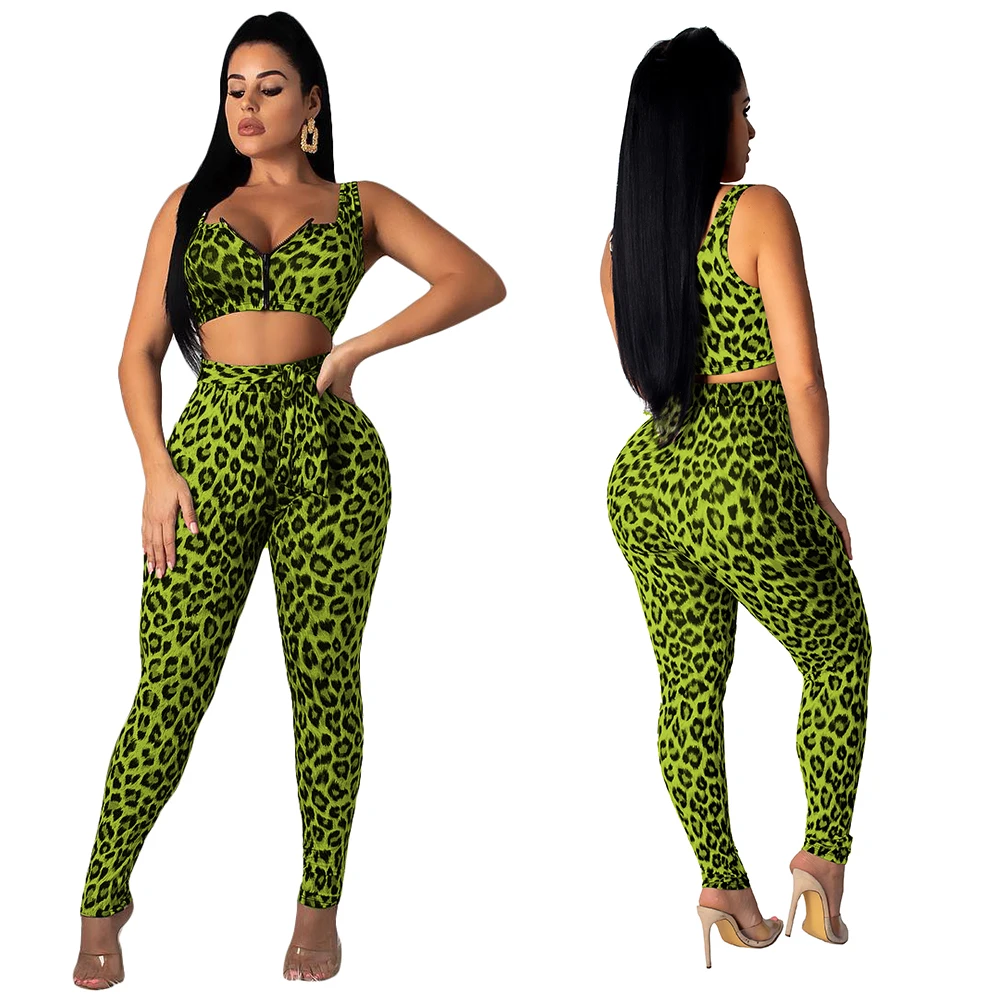 

African Clothing Hot Selling Two Piece Leopard Print Front Zipper Crop Top Long Pants Set For Women Clothing