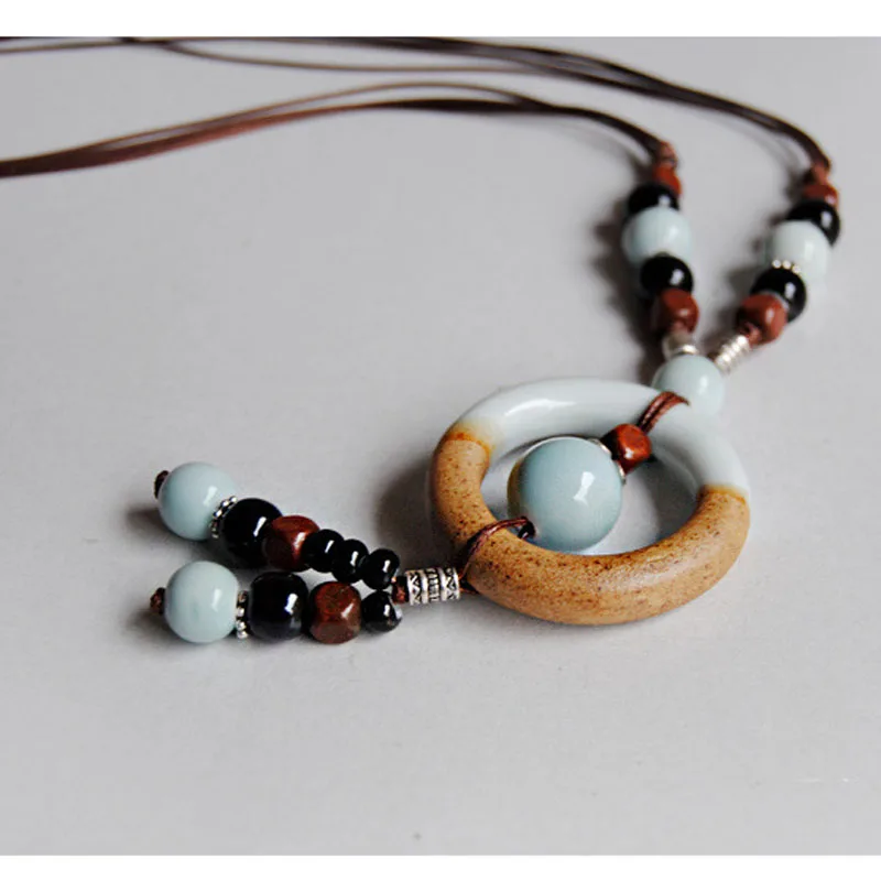 

Bohemian style vintage ceramic long pendant accessory necklace, As picture