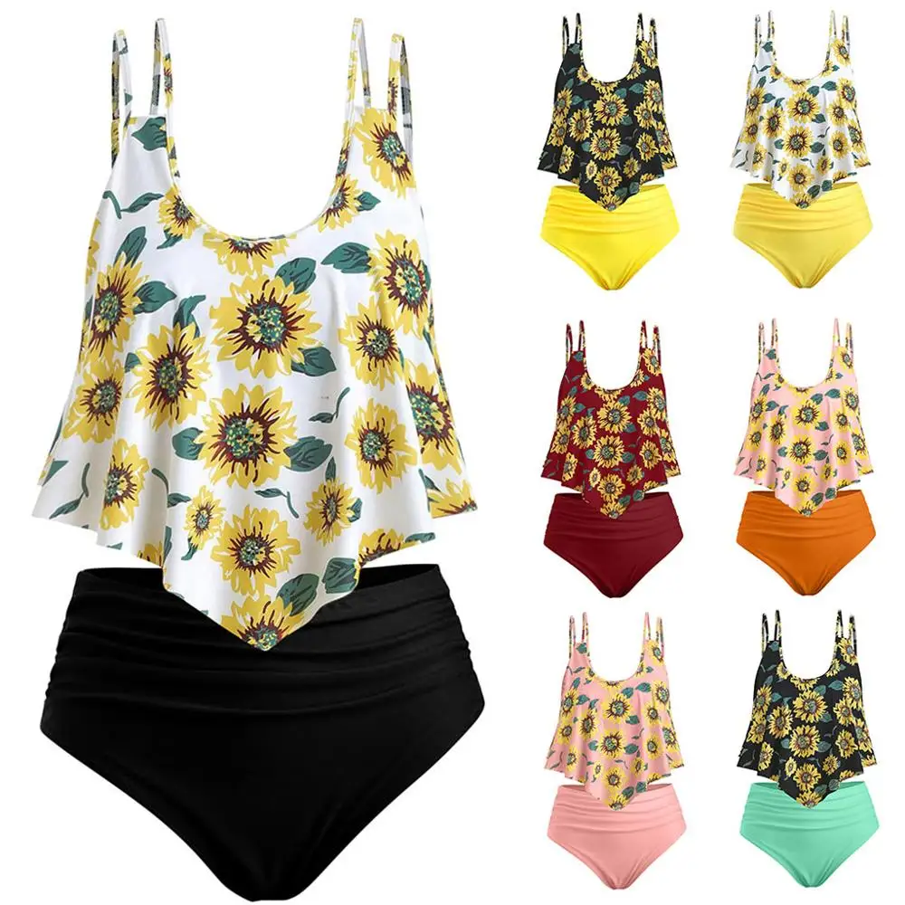 

Sunflower Ruffled High Waisted Split Bikini Tankini Set Two-piece Floral Swimsuit Swimwear For Women